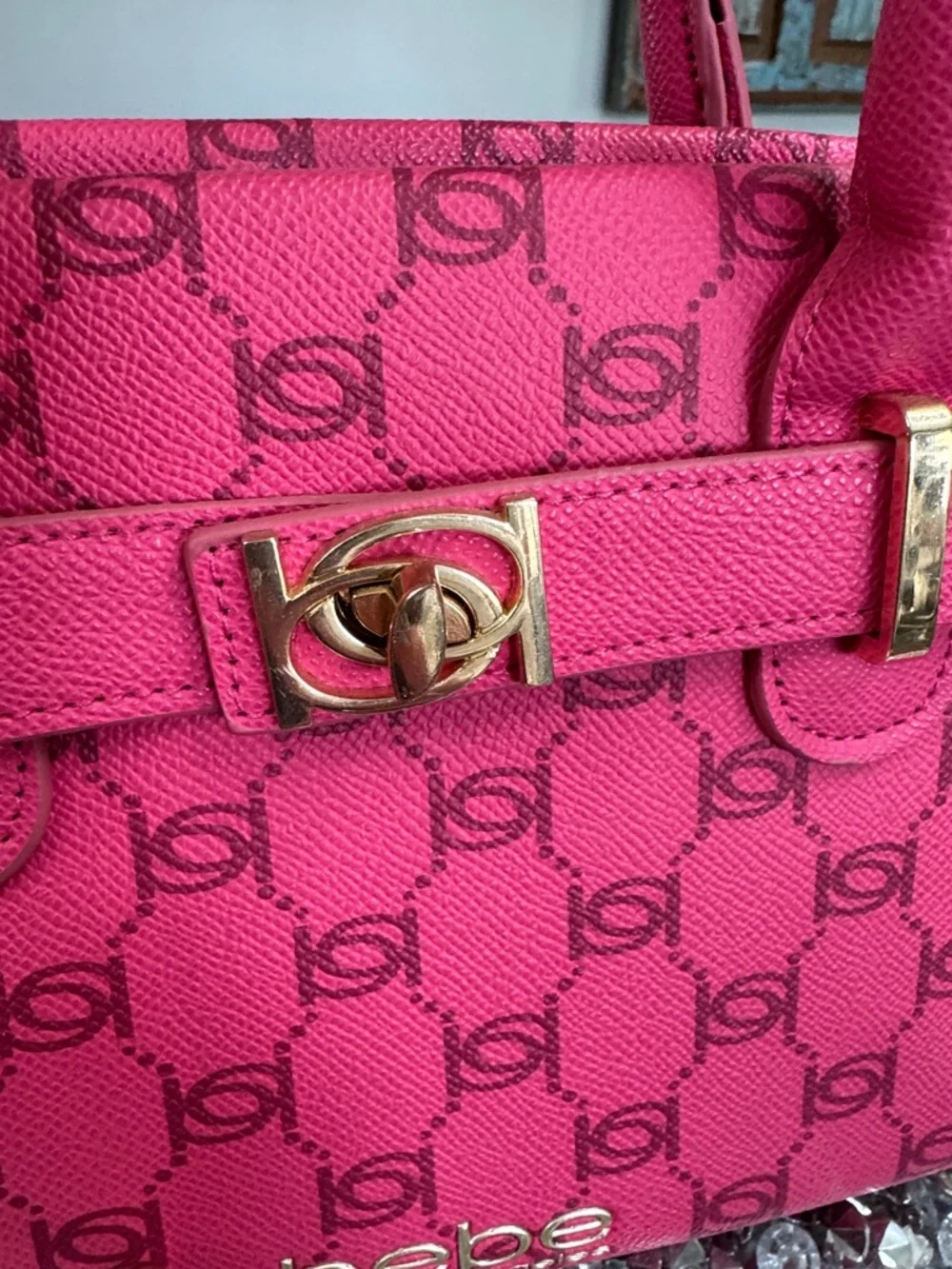 bebe Hot Pink Logo small Satchel with Gold-Tone Hardware and crossbody strap - Picture 12 of 16